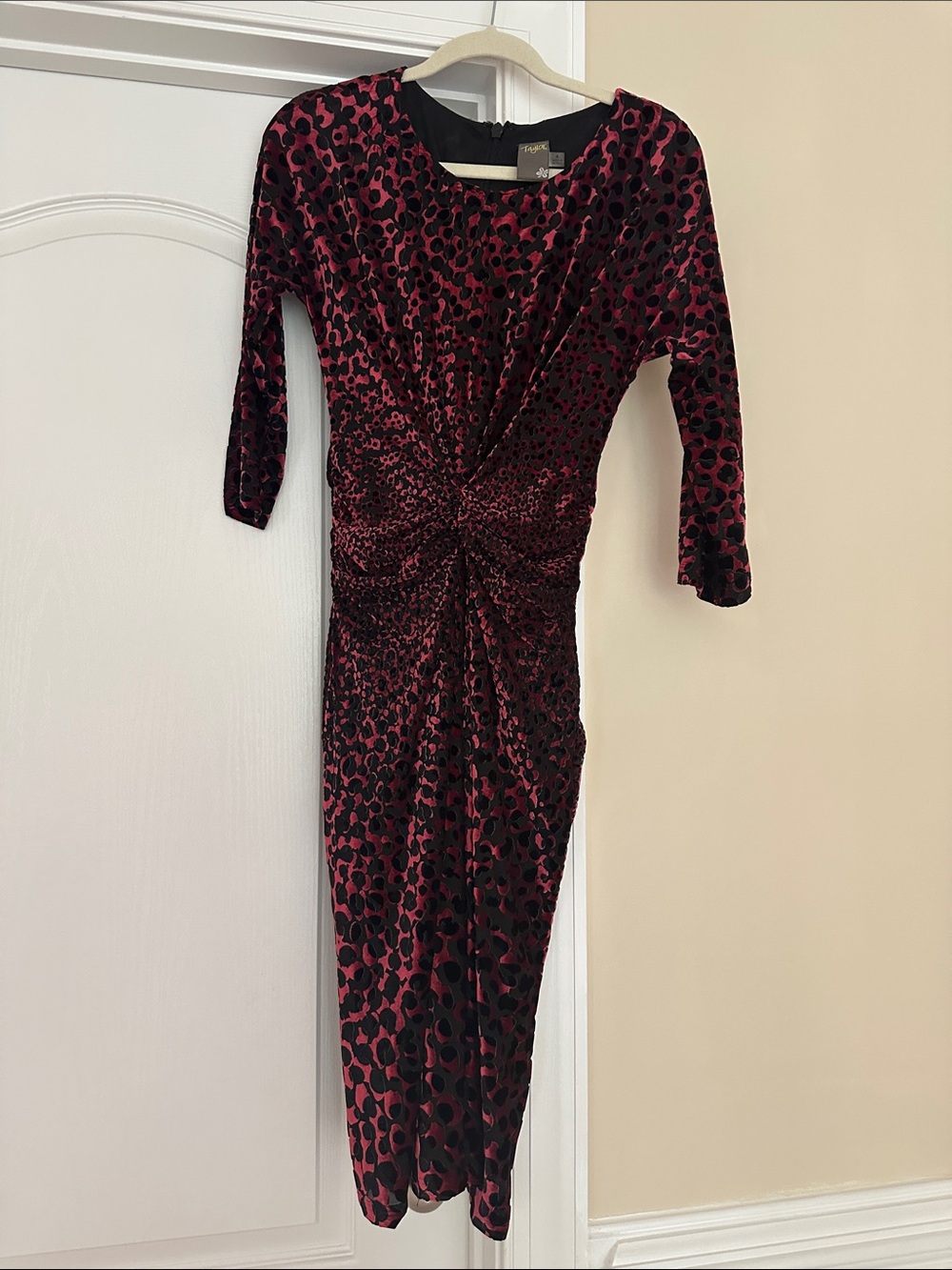 Taylor Red & Black Velvet Animal Print Twist-Front Midi Dress